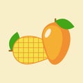 Summer fruits for healthy lifestyle. Mango, whole fruit with leaf and cubic slices. Vector illustration cartoon flat icon isolated