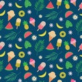 Tropical summer seamless pattern with palm leaves, monstera , banana, pineapple, watermelon, ice cream, popsicle and white flowers