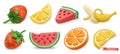 Summer fruits icon set with shadows. Strawberries, watermelon, lemon, orange, banana vector objects. Plasticine art