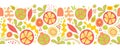 Summer fruits and leaves seamless vector border. Tropical green red orange yellow repeating pattern with stylized fruit