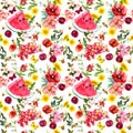 Summer fruits, meadow flowers, wild grass. Seamless food pattern. Watercolor