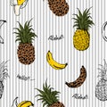 Summer fruits pineapple and bananas fill in with animal leopard skin seamless pattern in design for fashion fabric and all Royalty Free Stock Photo