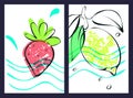 Summer fruits poster, sketch hand drawn lemon, strawberry, sea wave, grange transparent shapes in colors of bright pink Royalty Free Stock Photo