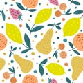 Summer fruits seamless pattern. Cherry berries, apples, lemons, pears and leaves Royalty Free Stock Photo