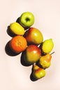 Summer fruits top view. Contemporary still life, lime green background, hard light and shadow