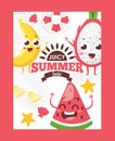 Summer fruits on typographic poster, vector illustration. Funny cartoon characters with smiling faces. Summer sale