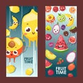 Summer fruits on vertical banners, vector illustration. Funny cartoon characters with smiling faces, friendly mascots