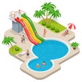 Summer fun at aqua park. Child with parents on water slide at aquapark. Summer holiday. Flat 3d vector isometric Royalty Free Stock Photo