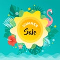 Summer Fun Background, Sun, Leaves And Flamingo Illustration And Banner Design. Sale Poster