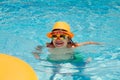 Summer fun. Child swimming on floating ring in pool. Kid summer portrait. Royalty Free Stock Photo