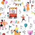 Summer Fun Fair Seamless Pattern. Amusement Park Characters with Cartoon People. Family Kids Vacation Background Royalty Free Stock Photo