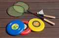 Summer fun, frisbee, badminton racquets, playing outside Royalty Free Stock Photo