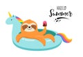 Summer fun illustration with cute sloth on unicorn swimming pool float. Concept vector illustrations, background Royalty Free Stock Photo