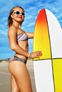 Summer Fun. Leisure Sporting Activity. Surfing. Woman With Surfboard Royalty Free Stock Photo