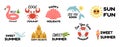 Summer fun logo stickers. Cartoon icons with vacation objects and lettering phrases. Enjoy sun or beach. Sea party label Royalty Free Stock Photo