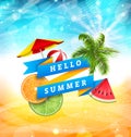 Summer Fun Poster Design with Watermelon, Umbrella, Beach Ball, Slices of Orange and Lime