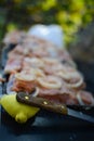 Summer fun. Ready barbecue for a summer family dinner. Lemon and knife in the foreground. Selective focus. Background blur