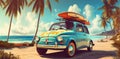 beach retro road vacation car vintage summer tropical trip travel. Generative AI.
