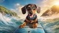 Summer Fun with Your Adorable Dachshund Dog Surfing on a Sunny Day - Generative AI