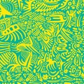 Summer funny abstract seamless pattern with many simple yellow doodle style ornaments, isolated on turquoise background. Joy