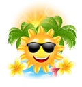 Summer Funny Background with Happy Smiling Sun, Palms, Flowers Frangipani