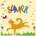 Summer funny cat chasing butterfly. Hand drown doodle red cat runs with the word summer. For greeting card, t shirt print, banners