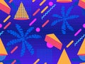 Summer futurism seamless pattern. Geometric elements memphis in the style of 80s. Retro background with palm trees. Retrowave