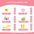 Summer game finds the missing letter game for Preschool Children.