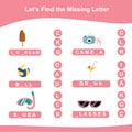 Summer game finds the missing letter game for Preschool Children.