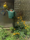 Summer Garden Accessories Watering Can, Sunflowers, Art Tiles Royalty Free Stock Photo