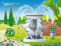 Summer garden with a beautiful fountain with sculptures of horses