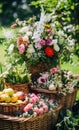 Summer garden harvest, farmers market and country buffet table, cakes and desserts in wicker basket in the garden, food catering