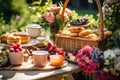 Summer garden harvest, farmers market and country buffet table, cakes and desserts in wicker basket in the garden, food catering