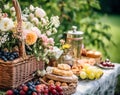 Summer garden harvest, farmers market and country buffet table, cakes and desserts in wicker basket in the garden, food catering