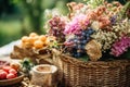 Summer garden harvest, farmers market and country buffet table, cakes and desserts in wicker basket in the garden, food catering