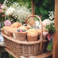 Summer garden harvest, farmers market and country buffet table, cakes and desserts in wicker basket in the garden, food catering