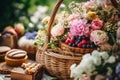 Summer garden harvest, farmers market and country buffet table, cakes and desserts in wicker basket in the garden, food catering