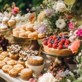 Summer garden harvest, farmers market and country buffet table, cakes and desserts in wicker basket in the garden, food catering