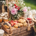 Summer garden harvest, farmers market and country buffet table, cakes and desserts in wicker basket in the garden, food catering