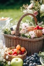 Summer garden harvest, farmers market and country buffet table, cakes and desserts in wicker basket in the garden, food catering