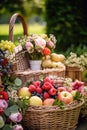 Summer garden harvest, farmers market and country buffet table, cakes and desserts in wicker basket in the garden, food catering