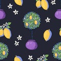 Summer garden lemon fruit seamless pattern with flowers, bright texture Royalty Free Stock Photo