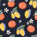 Summer garden lemon fruit seamless pattern with flowers, bright texture Royalty Free Stock Photo