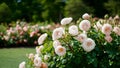 Summer garden park background with pink pale roses bush, bokeh Royalty Free Stock Photo