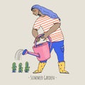 Summer garden people, cartoon character natural greeting card