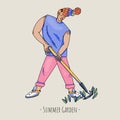 Summer garden people, cartoon character natural greeting card