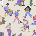 Summer garden people seamless pattern, cartoon character natural texture