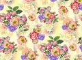 Summer garden roses and iris flowers watercolor seamless pattern on yellow background Royalty Free Stock Photo