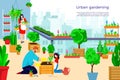 Summer gardening people at balcony, vector illustration. Flat family care about garden, flat green plant pot. Cartoon