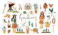 Summer gardening. Set of vector flat hand drawn illustrations of a girl performing garden work - watering, planting, growing and Royalty Free Stock Photo